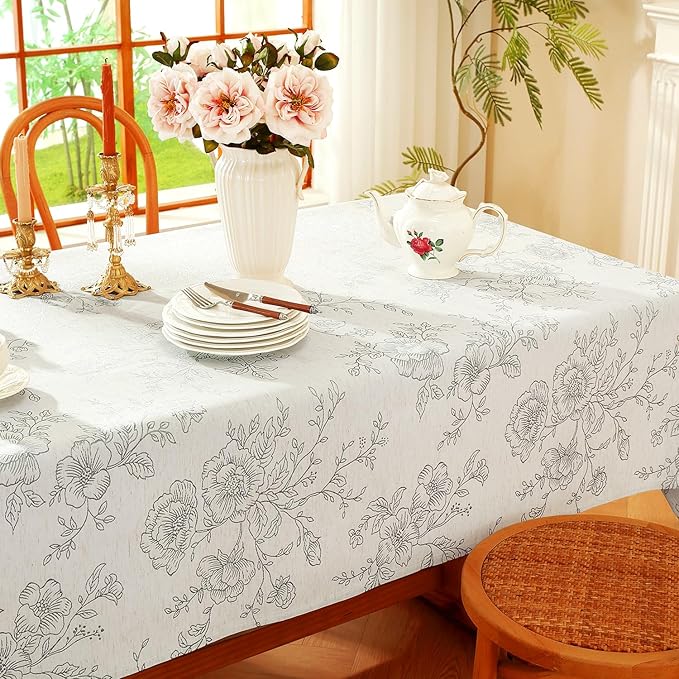 Chassic Premium Vintage Farmhouse Damask Floral 52 x 52 inch Square Table Cloth – Water Resistant Linen Textured Jacquard Tablecloth for Kitchen Dining & Picnic Decor - Grey