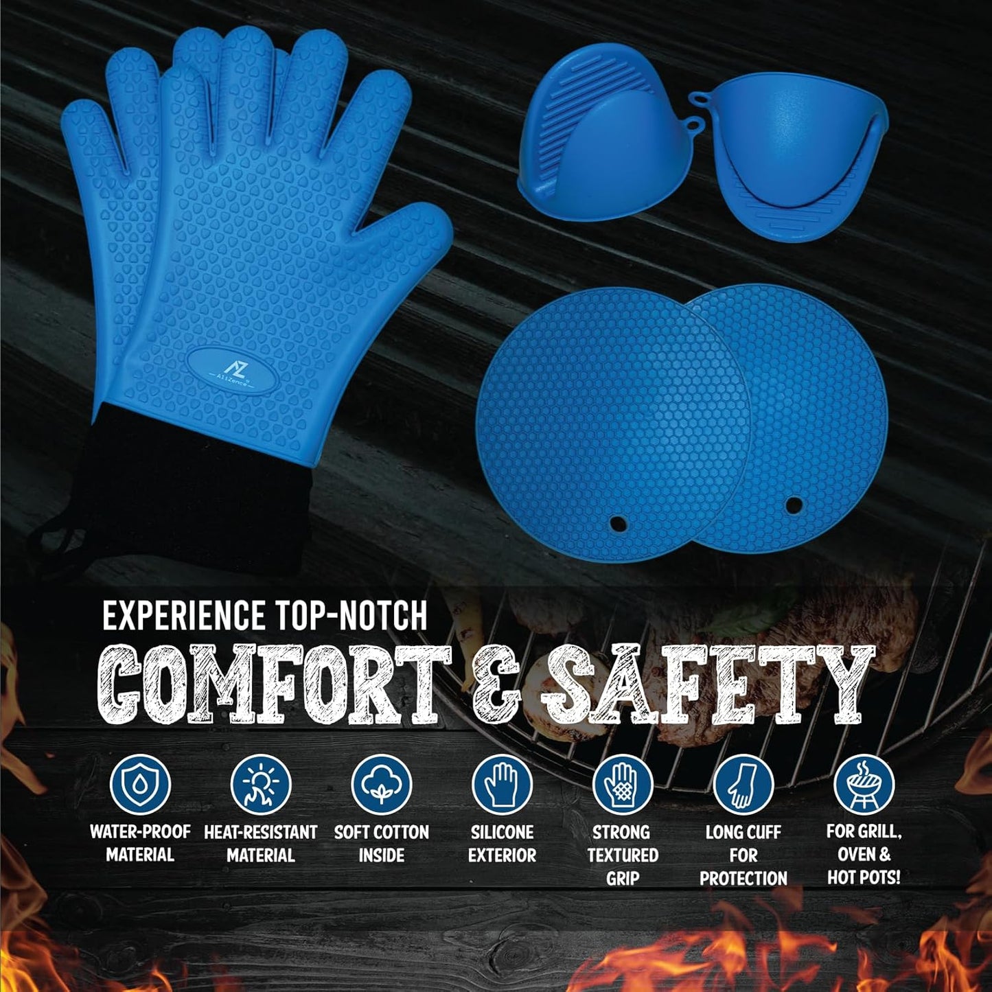 Silicone Smoker Oven Gloves & BBQ Set – Extreme Heat Resistant, Waterproof Oven Mitts, Mini Gloves, Hot Pads & Pot Holders for Cooking, Grilling, Baking, Extra Soft, Superior Value 6 pc Set. (Blue)