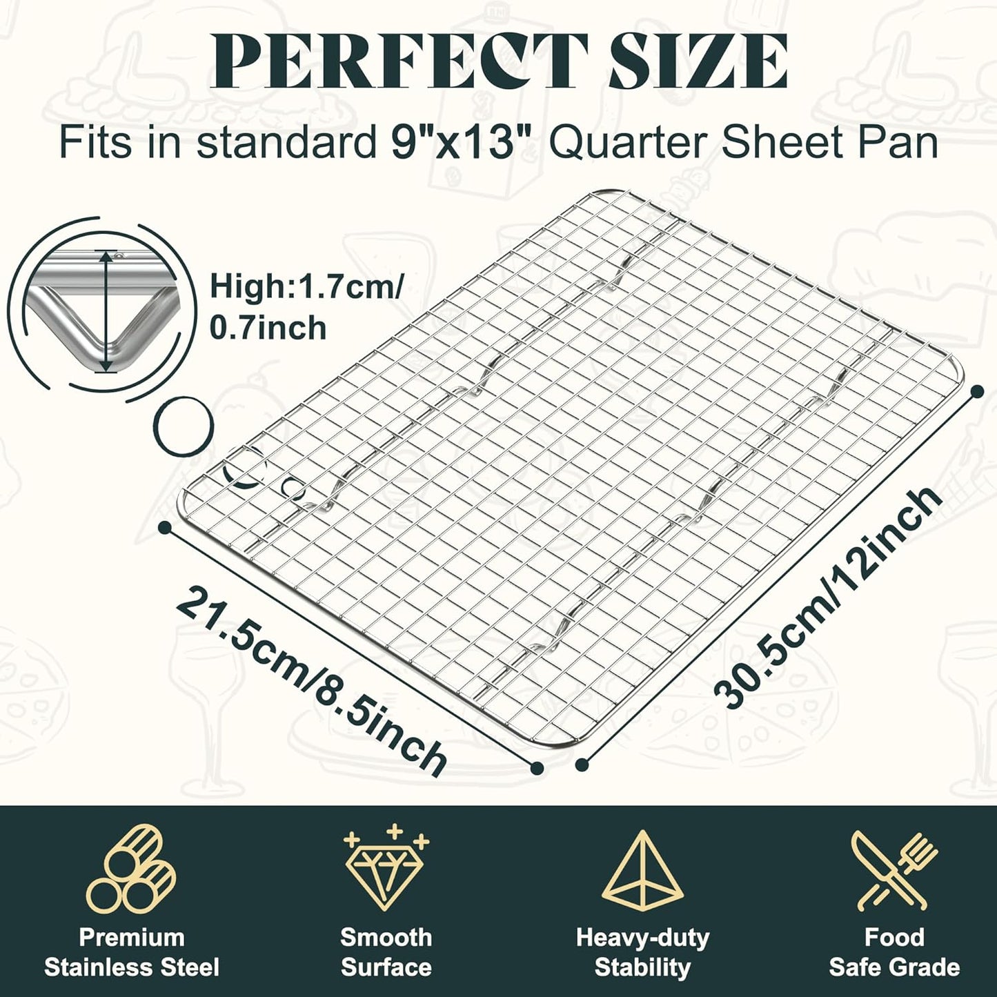 Cooling Racks for Cooking and Baking-8.5"x12" Oven Safe Premium Stainless Steel Heavy Duty Baking Rack Tight-Wire, Fits Quarter Sheet Pan for Roasting & Grilling & Cooking-1 Pack