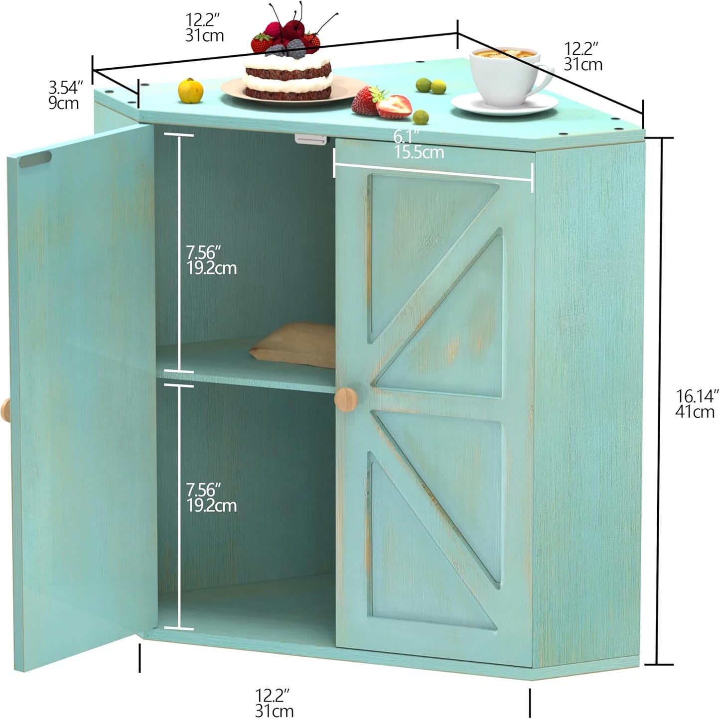 Corner Bread Box for Kitchen Counter Double Layer Bamboo Bread Storage Container Large Capacity Bread Storage Bin Farmhouse Breadbox Organizer (Antique Blue)