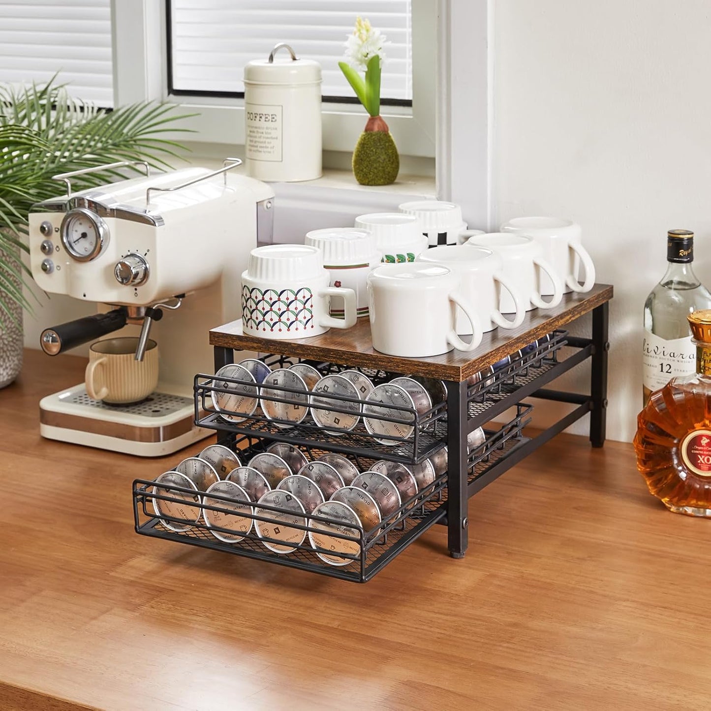 IBUYKE 2-Tie Coffee Pod Drawer Holder,80 Capsule Pods,Compatible for Nespresso Vertuo Pods,Wooden Top and Mesh Shelves,Home Kitchen Counter Coffee Bar Organizer, Rustic Brown,TCJ102H