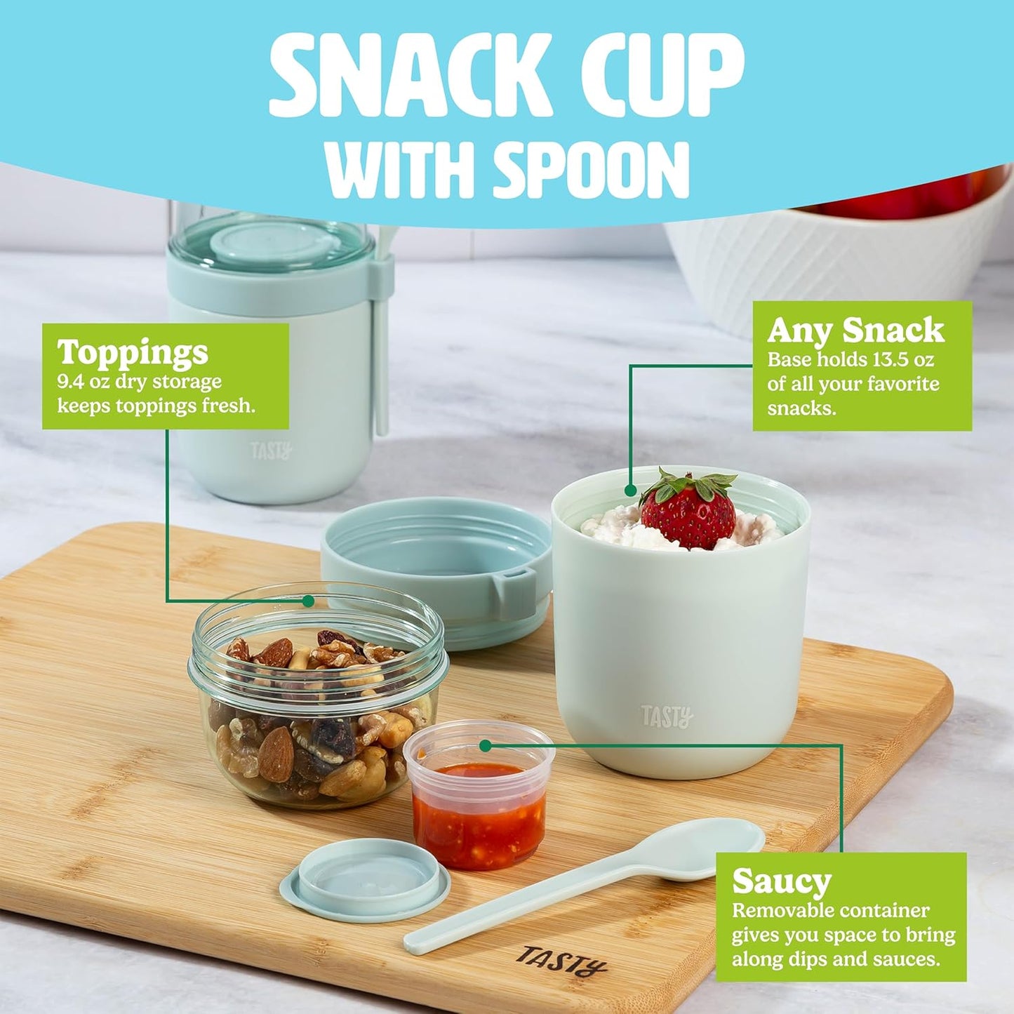 Tasty Travel Snack Cups with Spoons, On-The-Go Snacking, Divided Compartments, Great for Nuts, Cereal, Granola, Yogurt and More, Made Without BPA, 2-Pack, Aqua