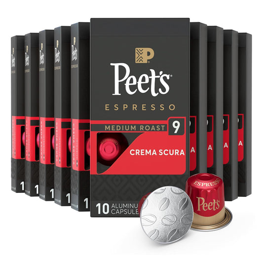 Peet's Coffee, Medium Roast Espresso Capsules, Compatible with Nespresso Original Machine - Crema Scura Intensity 9, 100 Count (10 Boxes of 10 Espresso Capsules)