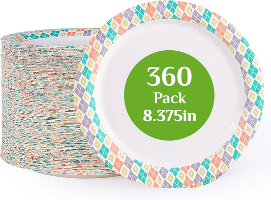 FOCUSLINE 360pack Paper Plates 8.375 Inch, Soak Proof Disposable Paper Plates for Everyday Use, 360 Count Plate with Color Checkered Design, Strong and Heavy Duty Round Plate