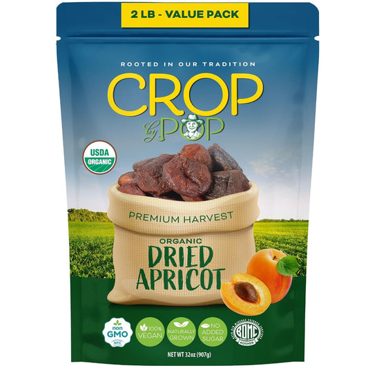 CROP BY POP - Organic Sun Dried Apricots, No Sugar Added, Unsulphured (32oz, 2 LB) Bulk Dry Fruits Packed Fresh in Resealable Bag - USDA Organic, Non GMO, Kosher