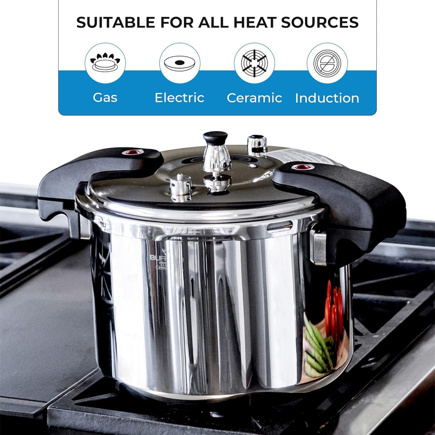 Buffalo 12 Quart Pressure Cooker Stainless Steel - Large Canning Pot with Lid for Home, Commercial Use - Easy to Clean Induction Stove Top Pressure Canner, Can Cooker - SG Certificate QCP412