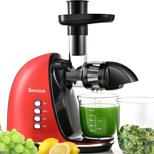 Slow Masticating Juicer,Brecious Cold Press Juicers with 2 Speed Modes & Quiet Motor,Juicers Machines Vegetable and Fruit with Reverse Function,Celery Juicer,BPA-Free,Easy to Clean (Red）
