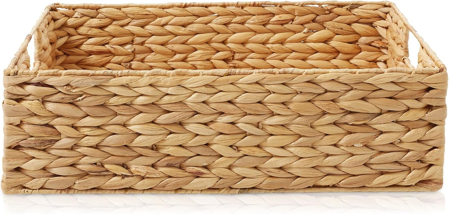 Casafield Set of 4 Water Hyacinth Pantry Baskets, 12-1/2" x 17" x 5", with Chalkboard Labels and Chalk Marker - Natural, Woven Storage Bin Organizers for Kitchen Shelves