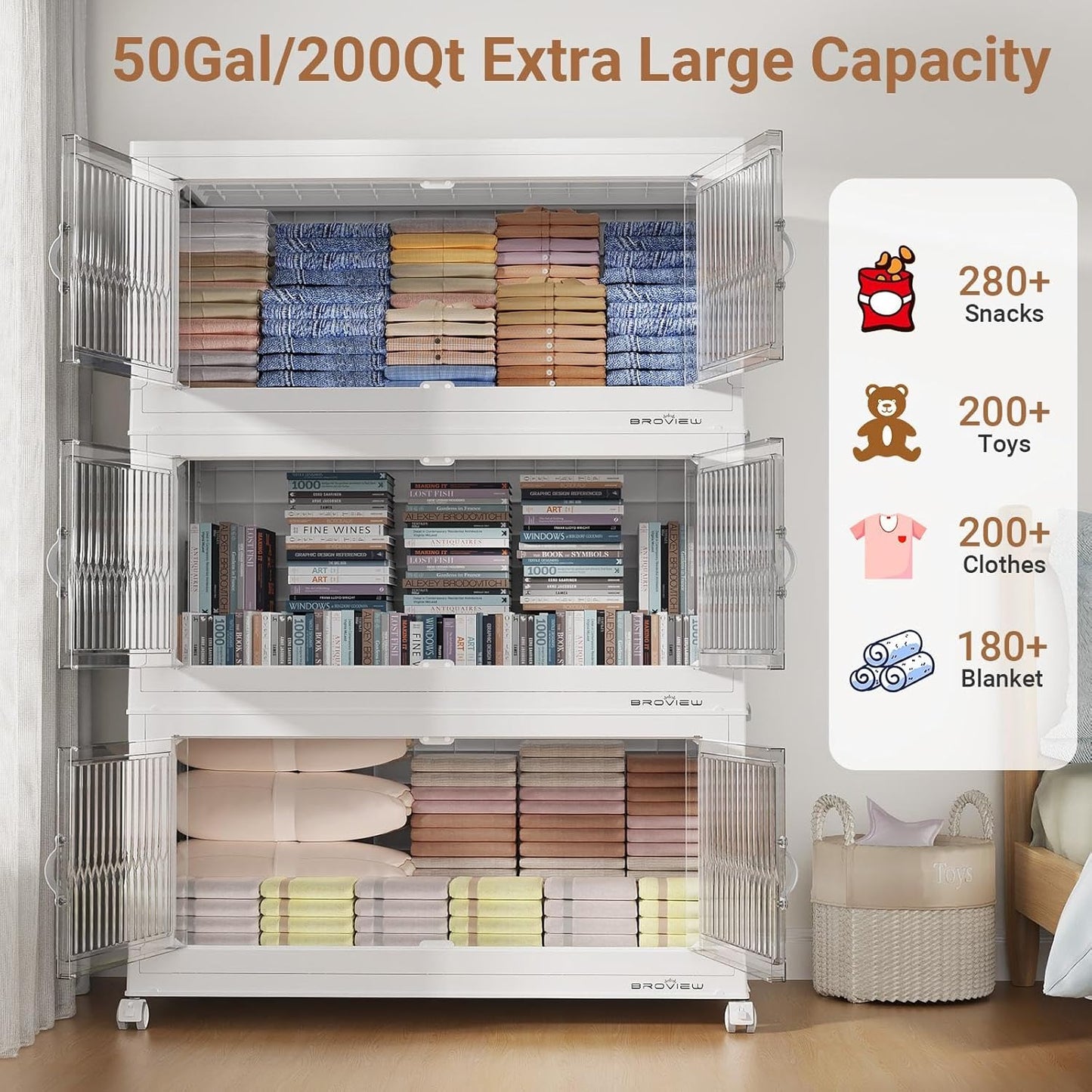 800Qt Extra Large Stackable Storage Bins with Lid, Closet Organizer Collapsible Drawer Boxes with Wheels, Folding Plastic Cabinet Containers for Home Kitchen Room Organization, 4Pack White