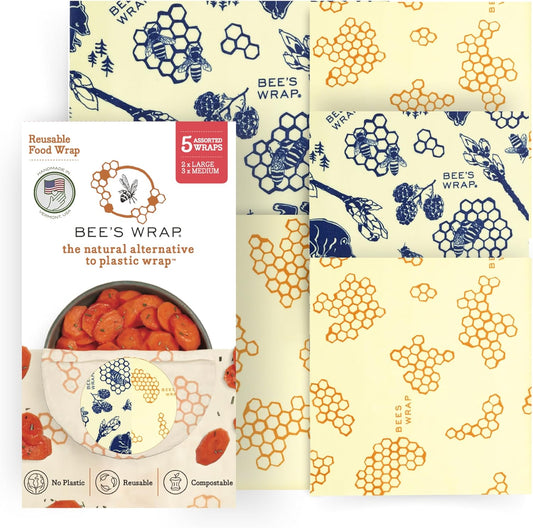 Bee's Wrap Beeswax Wraps for Food - Honeycomb & Bees + Bears Assorted 5 Pack (2L, 3M) Made in USA Reusable & Organic Food Wraps & Bowl Covers - Eco-Friendly Alternative to Aluminum Foil & Plastic Wrap