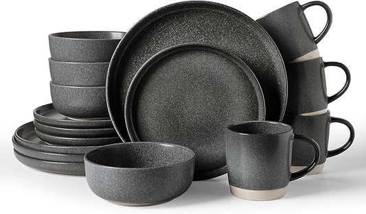Famiware Milkyway Stoneware Dinnerware Sets with Mugs, Service for 4 (16 Pieces), Reactive Glaze Plates and Bowls Sets, Microwave and Dishwasher Safe Dishes Set, Matte Dark Charcoal