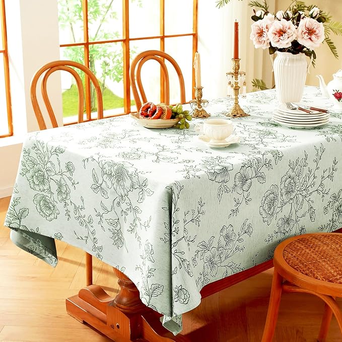Chassic Premium Vintage Farmhouse Damask Floral 60 x 60 inch Square Table Cloth – Water Resistant Linen Textured Jacquard Tablecloth for Kitchen Dining & Picnic Decor - Green