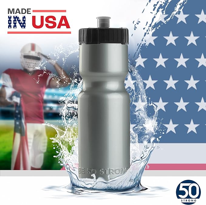 50 Strong Bulk Water Bottles | 24 Pack Sports Bottle | 22 oz. BPA-Free Easy Open with Pull Top Cap | Made in USA | Reusable Plastic Water Bottles for Adults & Kids | Top Rack Dishwasher Safe