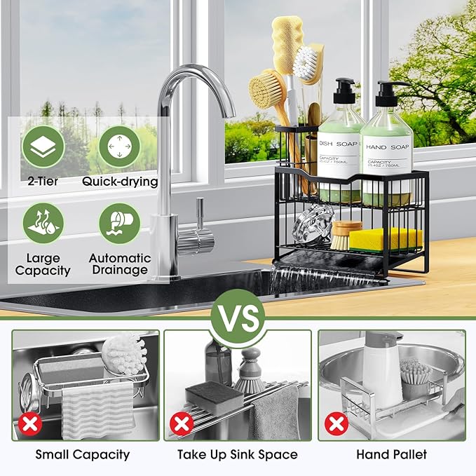 2-Tier Self-Draining Sponge Holder for Kitchen Sink - Rustproof Non-Slip Sink Caddy with Dish Brush Holder & Fits for Most Soap Dispensers - Black
