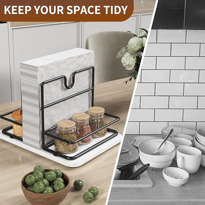 Napkin Holder for Table, 2 IN 1 Napkin Holders That Can Hold Salt Jar and Pepper Jar, Napkin Dispenser, Modern Dining Table Decor, Metal Racks and Wooden Bases, White