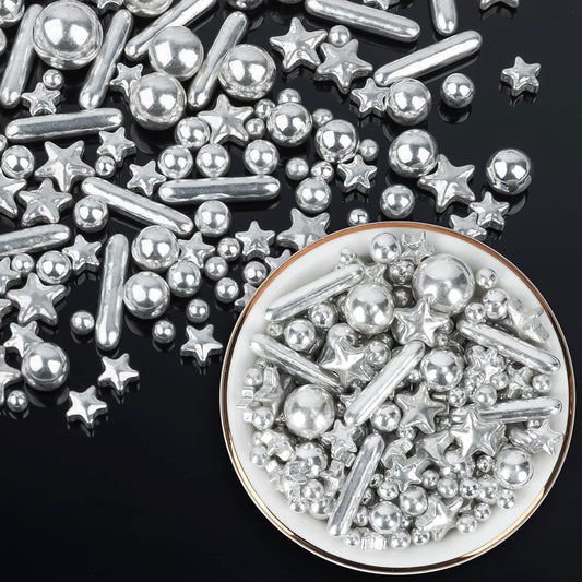 Silver Pearl Sugar Sprinkles,Edible Stars Rods Candy,Mix Size 130g/4.58oz,Baking Cake Decorations,Cupcake Toppers,Cookie Decorating Donuts Ice Cream,Birthday Wedding Party Valentines Christmas Supplies