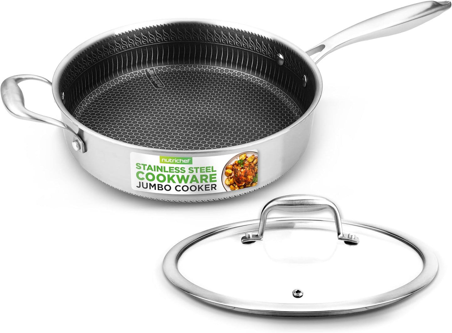 NutriChef 3.4QT Deep Frying Pan with Lid - Stainless Steel Non-Stick Saute Pan, Scratch-Resistant Honeycomb Texture, Oven & Induction Safe Skillet