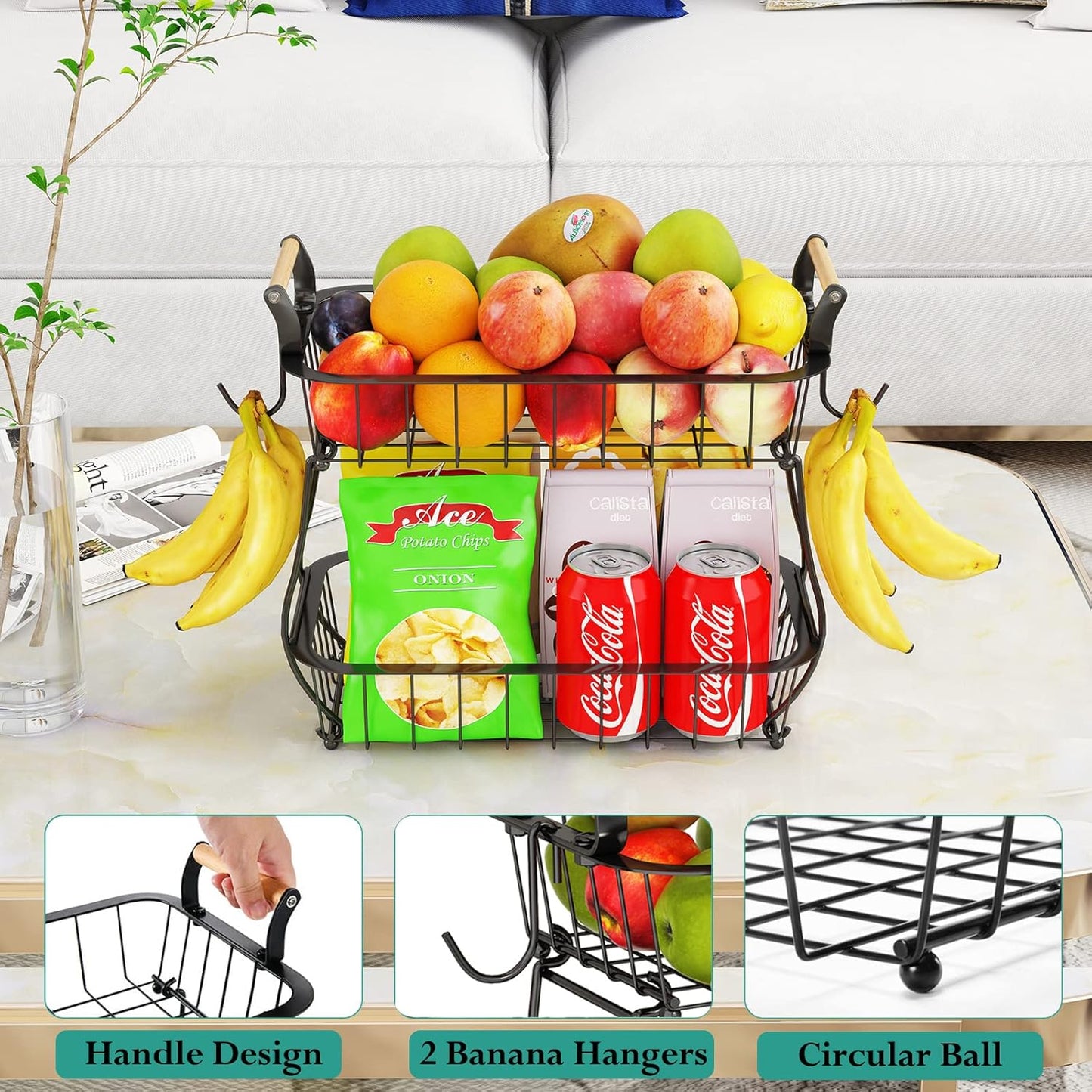 ANTOPY 2 Tier Fruit Basket with 2 Banana Hangers, Countertop Fruit Vegetable Basket Bowl for Kitchen Counter Metal Wire Fruits Storage Stand Holder Organizer for Bread Snack Veggies Produce