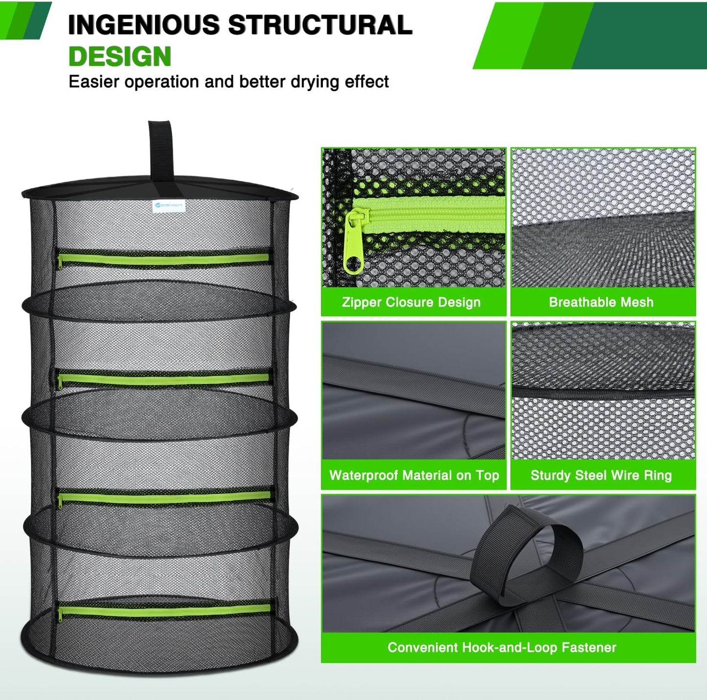 Yesker 4 Layer Herb Drying Rack Hanging Mesh Net Foldable Plant Drying Racks 24" Diameter with Green Zipper & Hook Dryer Hanging Rack for Herbs Seed Bud Fruit Clothes Grow Tent Closets Garden Outdoor
