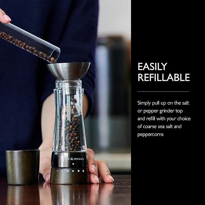 Cole & Mason H332293 Derwent Black Wood Salt and Pepper Mills, Gourmet Precision+, Adjustable Grind, Stained Beech/Acrylic, 190 mm, Gift Set, Includes 1 Salt and 1 Pepper Grinders