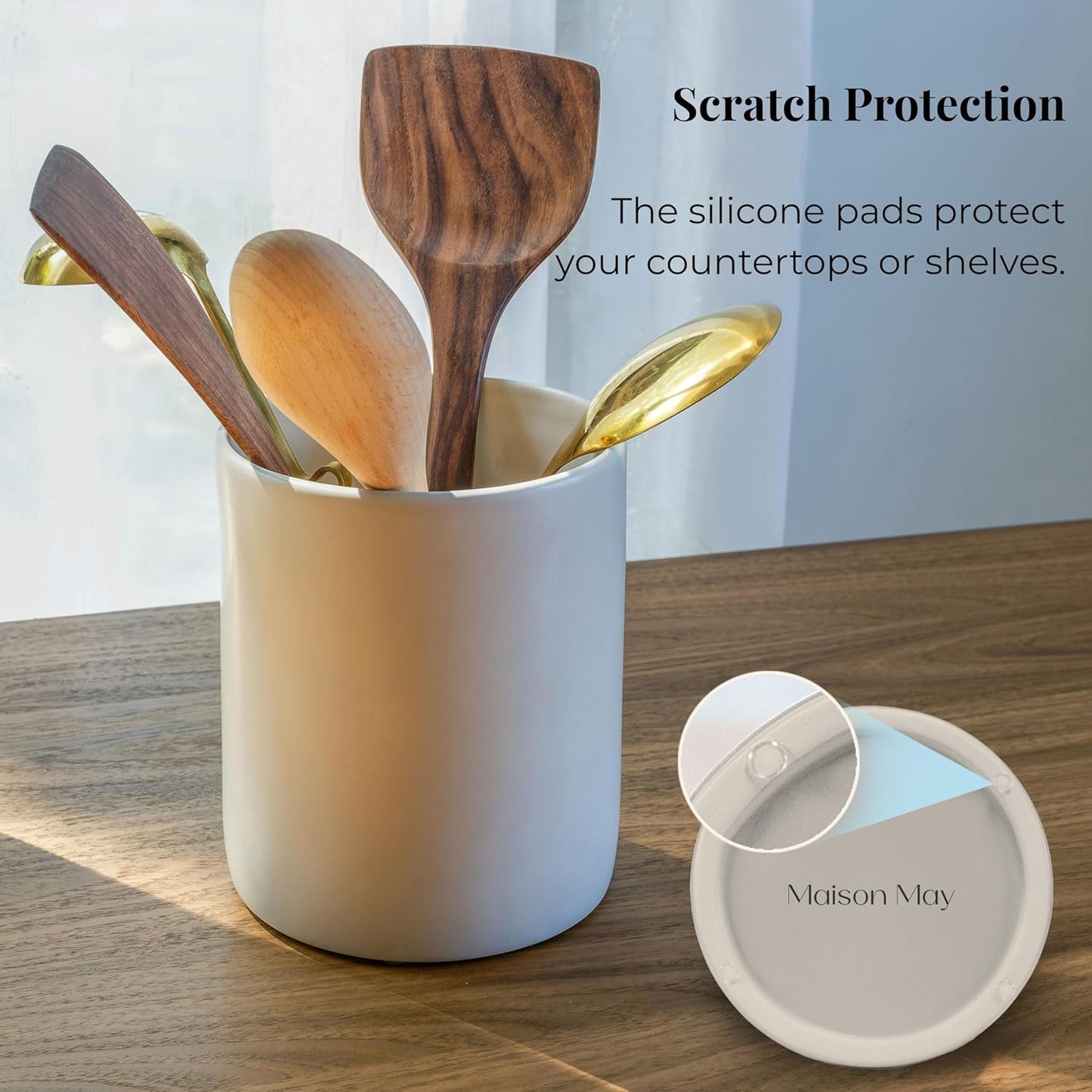 Ceramic Large Kitchen Utensil Holder for Countertop, 7"x5.9", Stable & Sturdy, Cooking Utensils Holder, Smooth & Matte Cream Color,Silicone Pads, Utensil Organizer for Kitchen Counter Decor