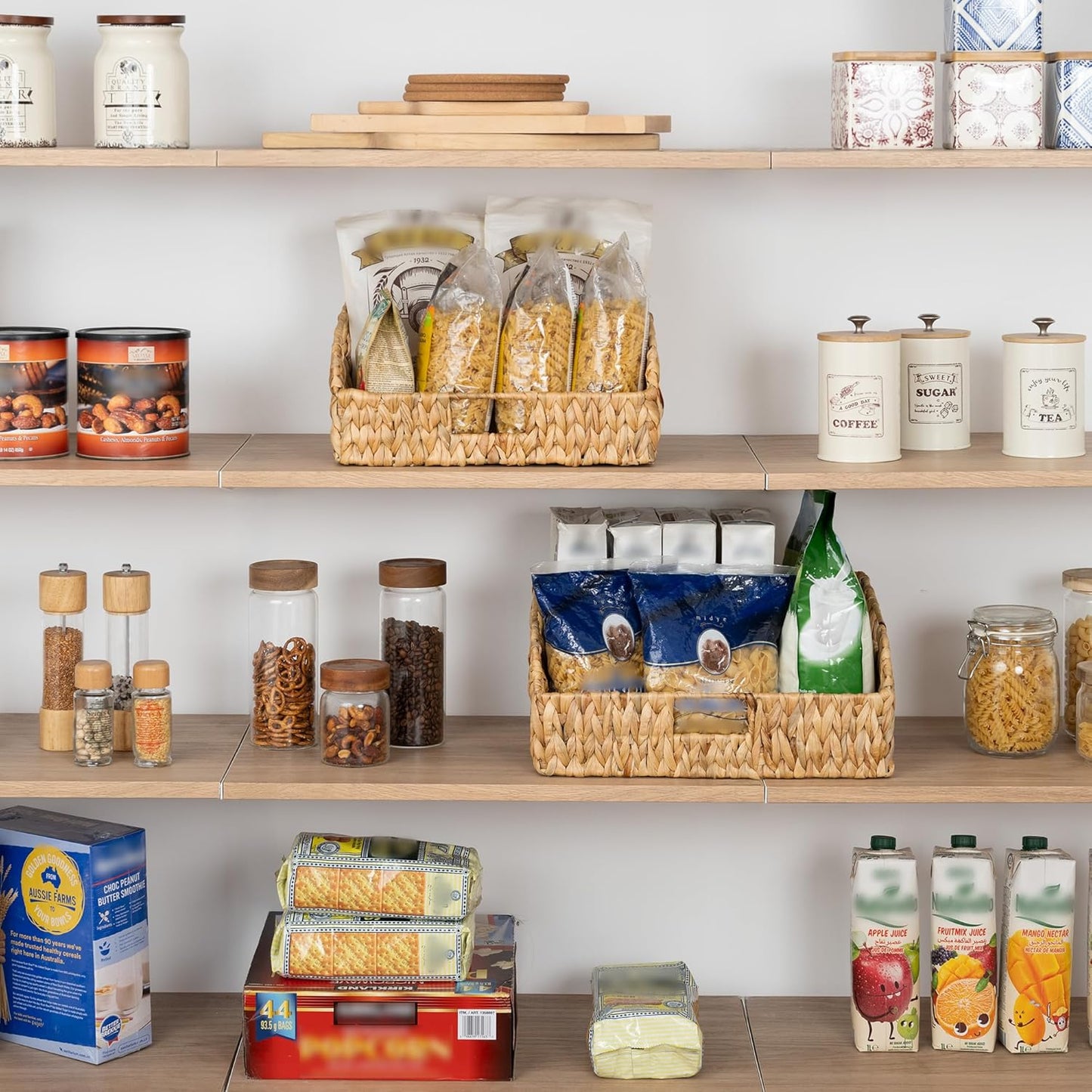 StorageWorks Pantry Baskets for Organizing, Water Hyacinth Baskets for shelves with Built-in Handles, Pantry Organizers and Storage, Set of 2 (Large and Medium)