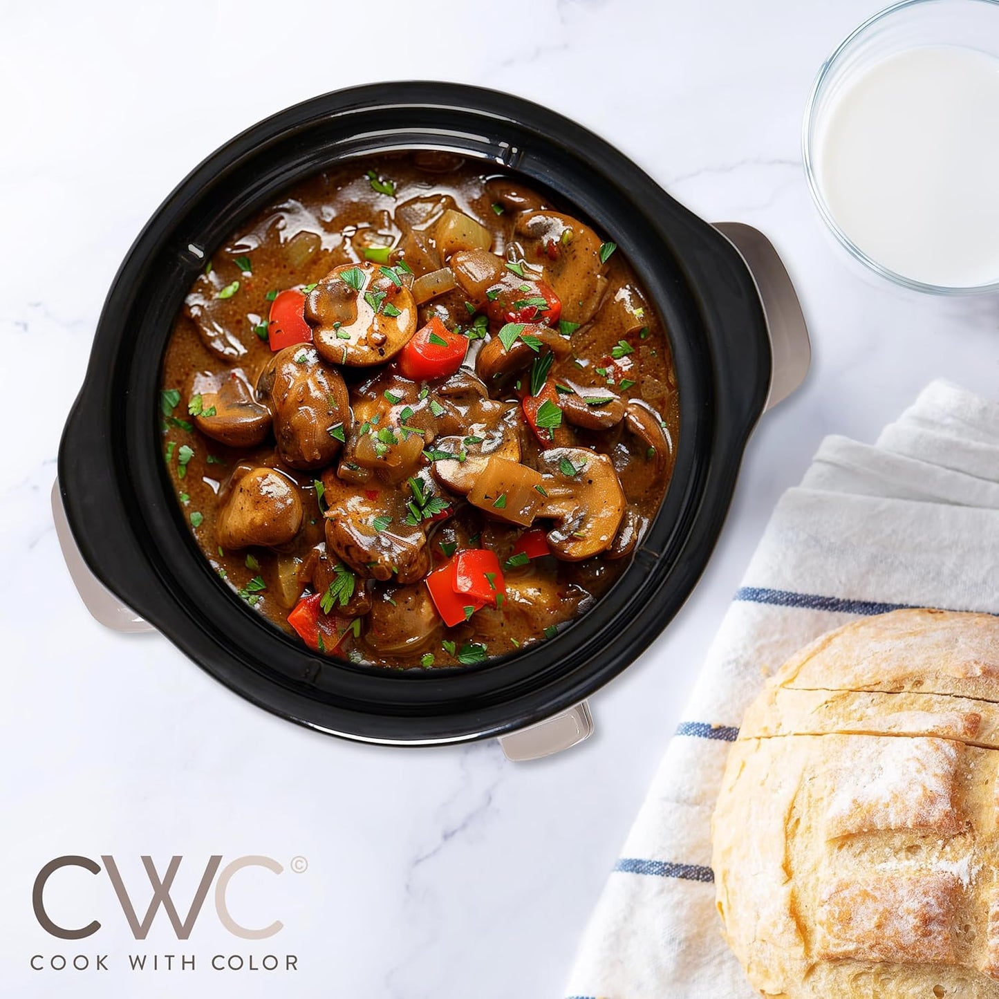 COOK WITH COLOR 2QT Mini Electric Round Slow Cooker - Adjustable Settings, Removable Stoneware Pot, Tempered Glass Lid, Dishwasher Safe, Cool-Touch Side Handles, Greige