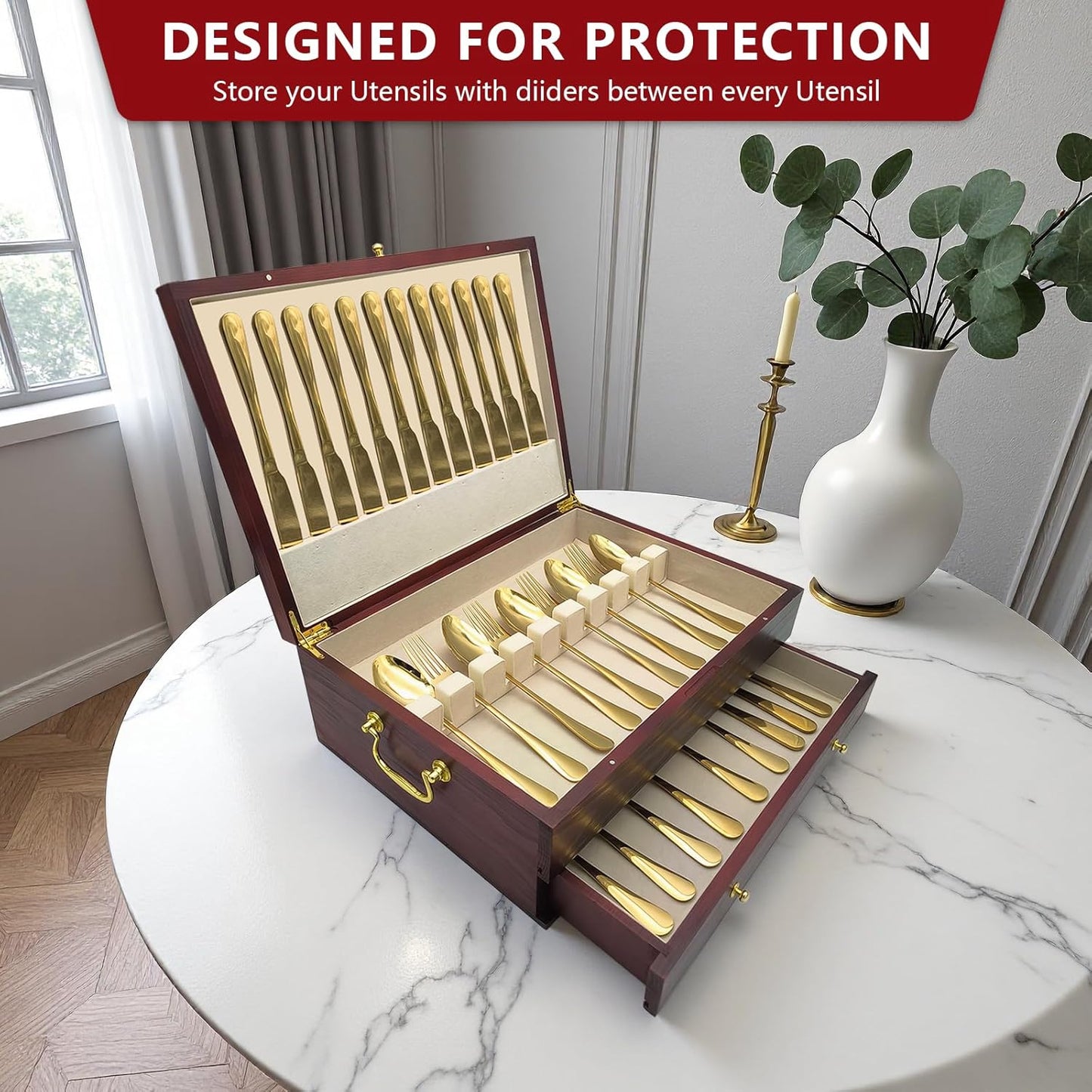 Silverware Storage Box, Kitchen Drawer Organizer, Drawer-containing flap-type storage box, Wood Chest, with Tarnish Proof Felt Lined, Storage Silver Chest for Kitchen (2 layer)