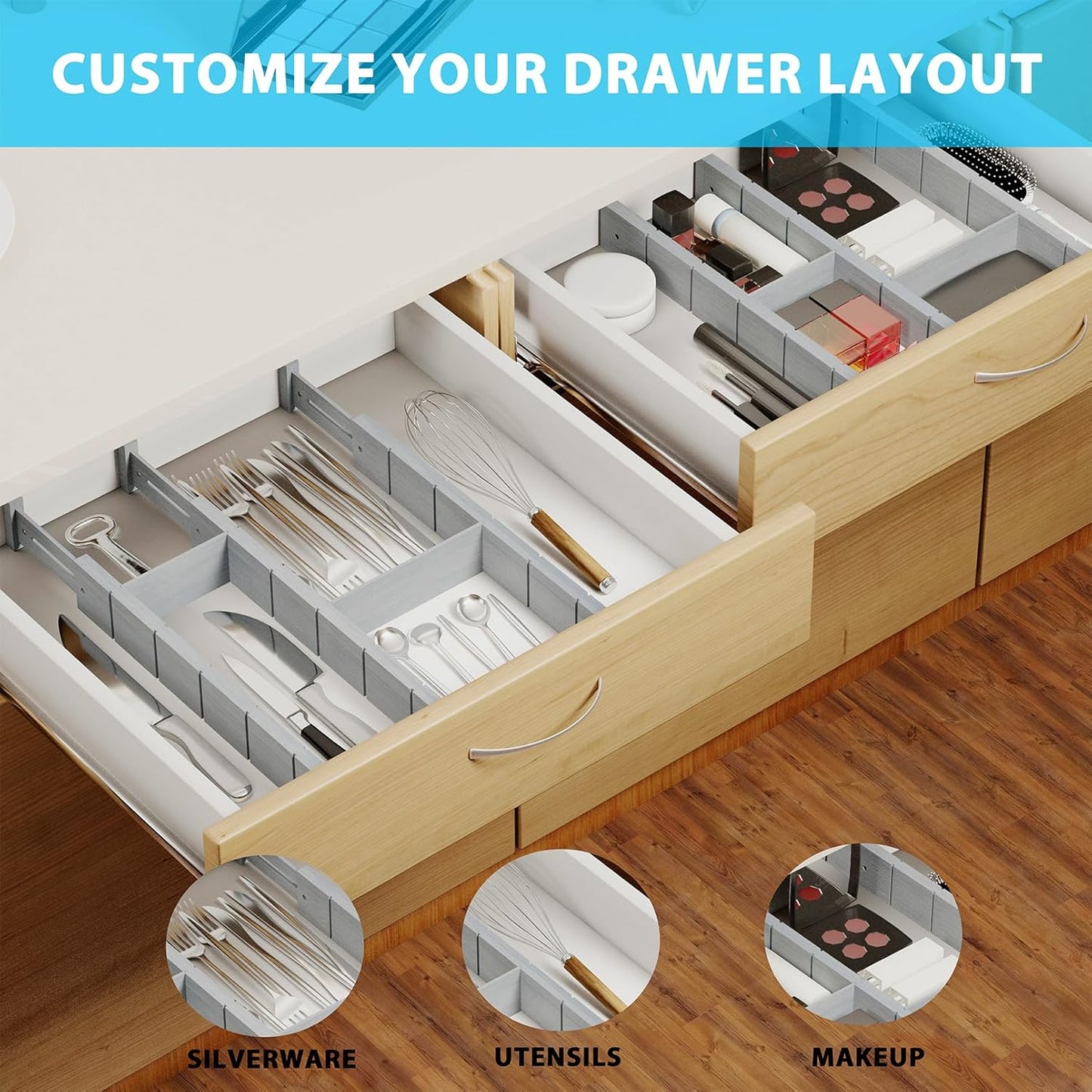 6 Pack Bamboo Drawer Dividers with 12 Inserts, Expandable Adjustable Clothes Drawer Organizers and Storage from 17" to 22" for Kitchen, Bedroom, Dresser, Cosmetics (Gray)