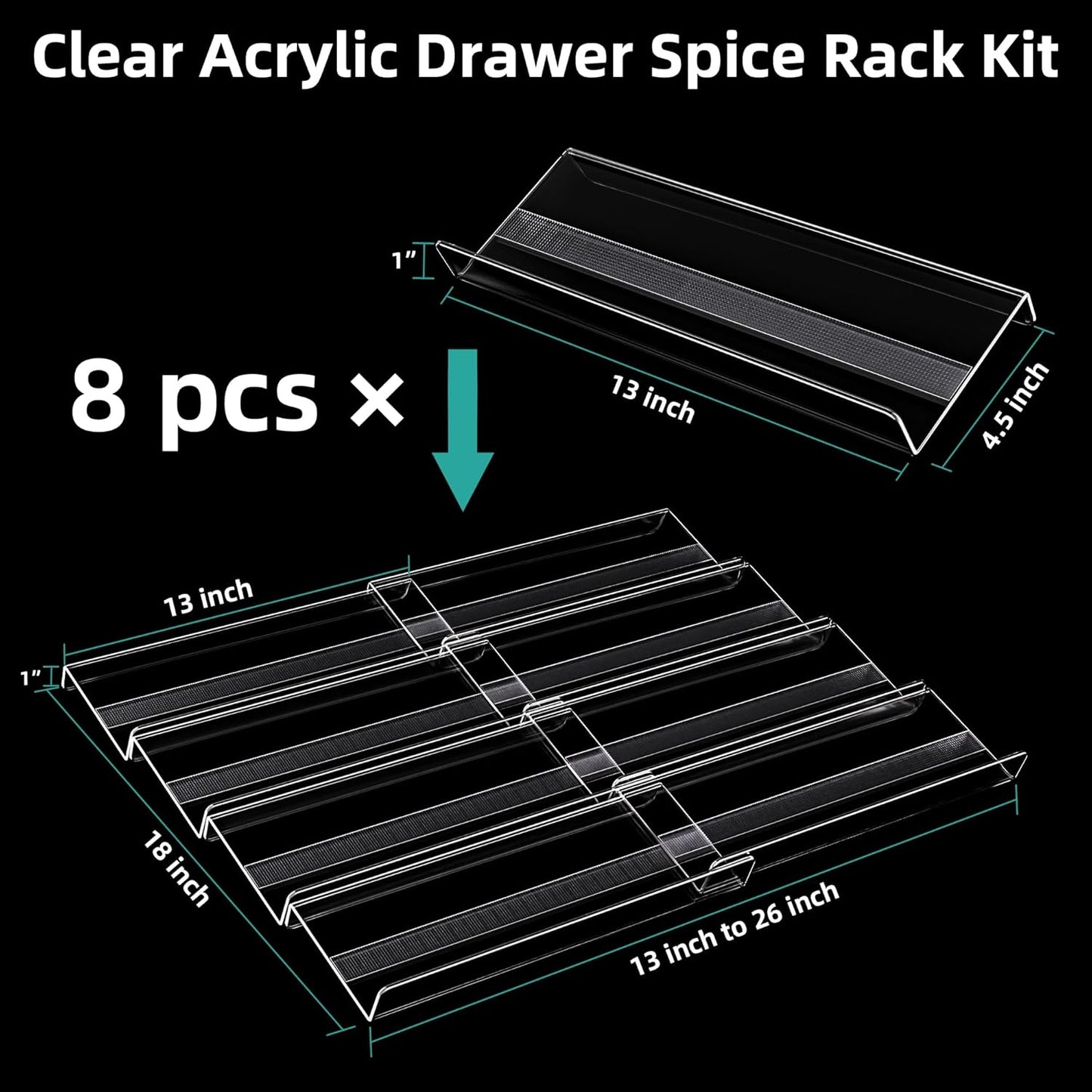 MIUKAA Acrylic Spice Drawer Organizer, 4 Tier - 8 Pack Seasoning Organizer for Drawer, Expandable From 13" to 26" Kitchen Drawer Spice Rack with Slip-Proof Mat (Jars not Included)