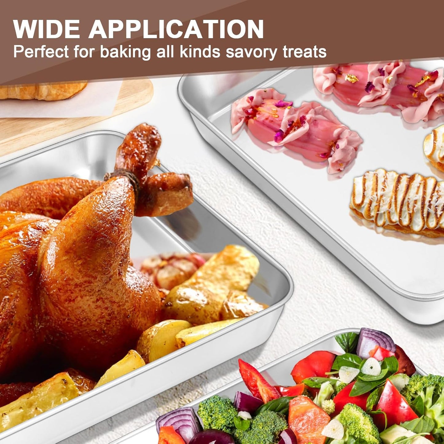 Baking Pans Set of 3, Commercial Grade Stainless Steel Cookie Pan for Baking, 12/10/9 Inch, Rectangle Bakeware Set for Cakes Breads Lasagna Casseroles, Rust & Warp Resistant & Nonstick, Heavy Duty