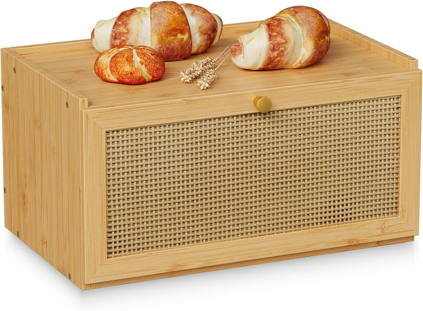 Rattan Bamboo Bread Box for Kitchen Counter Large Capacity Bread Storage Bin Farmhouse Bread Storage Container Rustic Bread Holder (Natural Bamboo)
