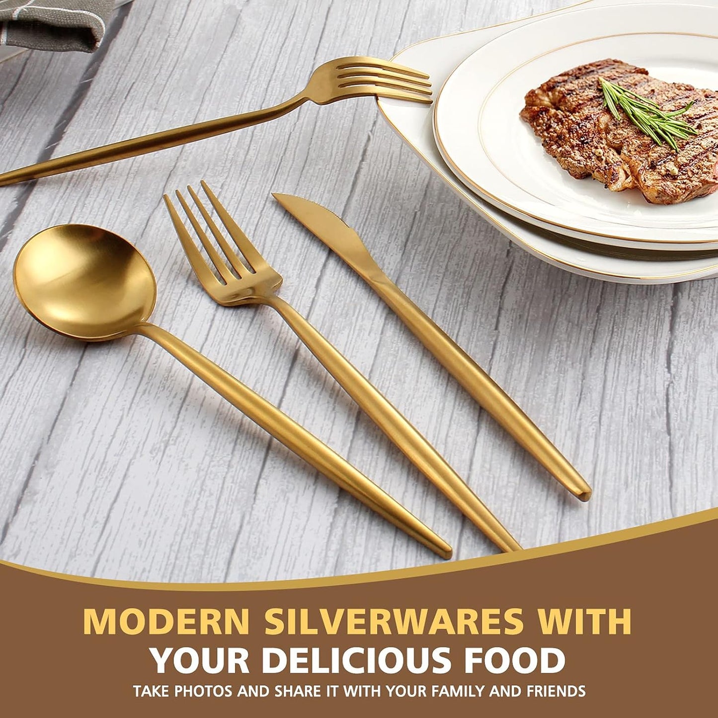 Matte Gold Silverware Set, Oliviola 20-Piece Stainless Steel Flatware Cutlery Set Service for 4, Satin Finish Kitchen Utensil Set, Dishwasher Safe