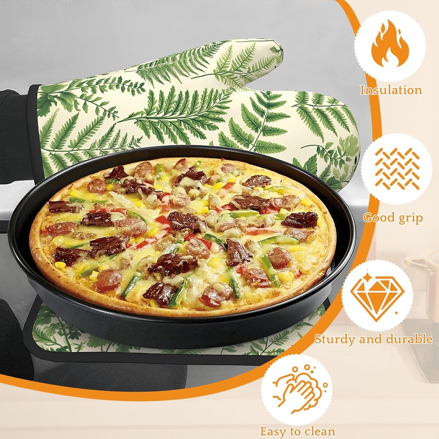 Fern Herbs Oven Mitts and Pot Holders Set,Botanical Floral Leaf Kitchen Decor Heat Resistant Non Slip Hot Pads and Oven Mitt for Chef Cooking Baking BBQ Mom Girl Gifts(4 Piece Set)