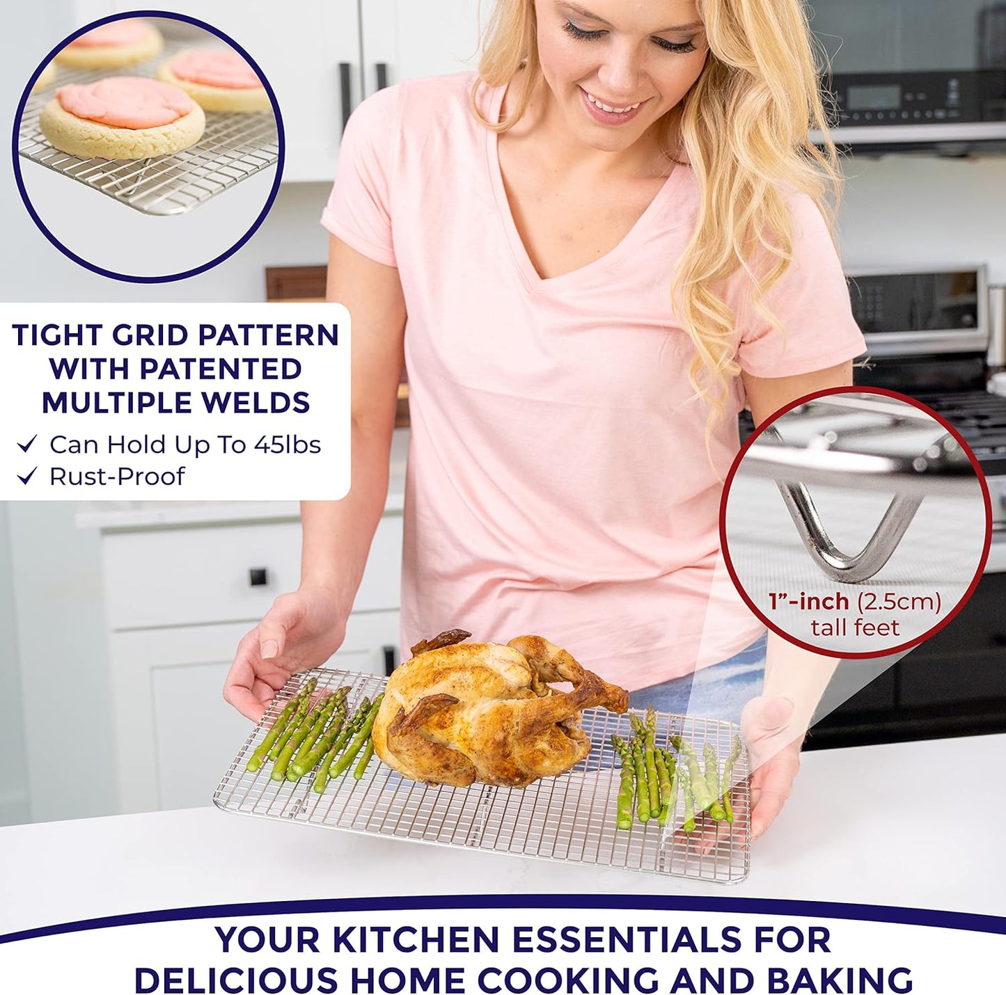 KITCHENATICS Jelly Roll Cooling Racks for Cooking and Baking, Heavy Duty Cooking Racks for Sheet Pan, Stainless Steel Wire Rack for Cooking, Cookie Cooling Rack Fits Jelly Roll Pan 15x10, Set of 2