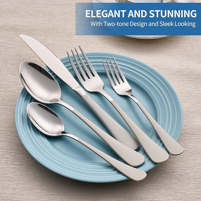 20-Piece Off White Silverware Set, 18/0 Stainless Steel Off White Handle Flatware Set, Service for 4, Modern Cutlery Set Includes Dinner Knives Forks Spoons,Mirror Polished,Dishwasher Safe