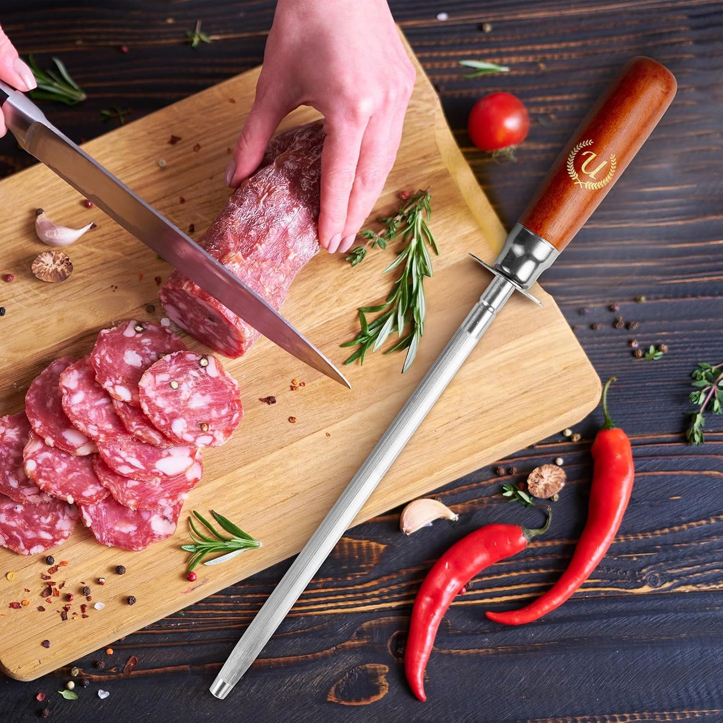 Knife Sharpener Rod, Kitchen Knives Sharpener Carbon Steel Professional Knife Sharpening Steel, Honing Rod with Hanging Holes (13 inches), U