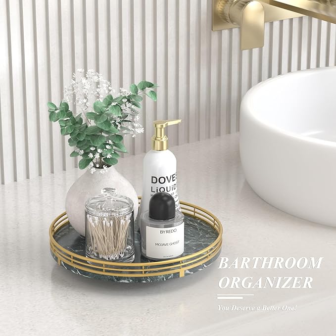 Green Marble Lazy Susan Turntable for Table Top – 10” Round Marble Tray Organizer for Dining Table, Kitchen Countertop & Bar, Luxury Stone Serving Tray with Gold Frame