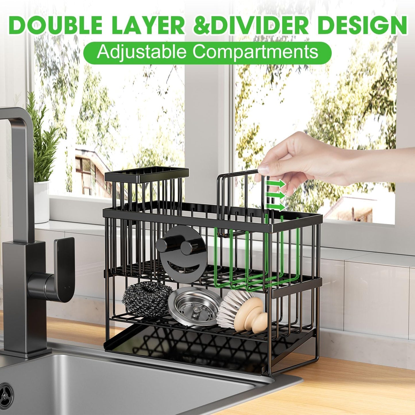 Sponge Holder for Kitchen Sink, 2 Tier Smiley Face Sink Caddy Organizer with High Brush Holder, Self-Draining Sponge Holder for Sinks, Soap Dispenser Organizer, Rustproof 304 Stainless Steel