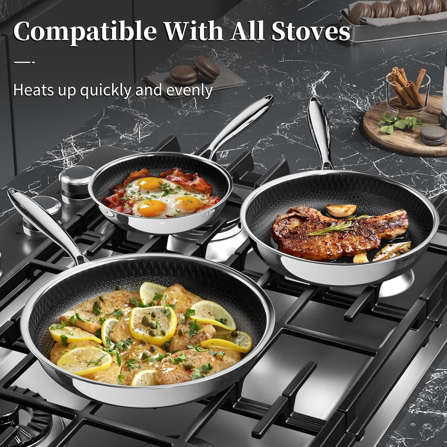 Nonstick Titanium Ceramics Stainless Steel Frying Pan Set, 6 Pieces Nonstick Honeycomb Stainless Steel Frying Pan Set, Non Stick Egg Omelet Cooking Pan Set, Induction Compatible, PFAS Free