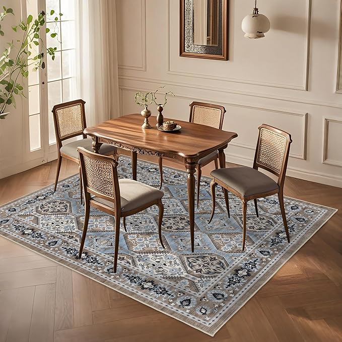 Area Rug for Living Room - Vintage Indoor Machine Washable Rug for Bedroom Dinning Room Floor - Soft Low-Pile Carpet Non-Slip Backing Floral Rugs for Office (Blue/Brown, 5' × 7')