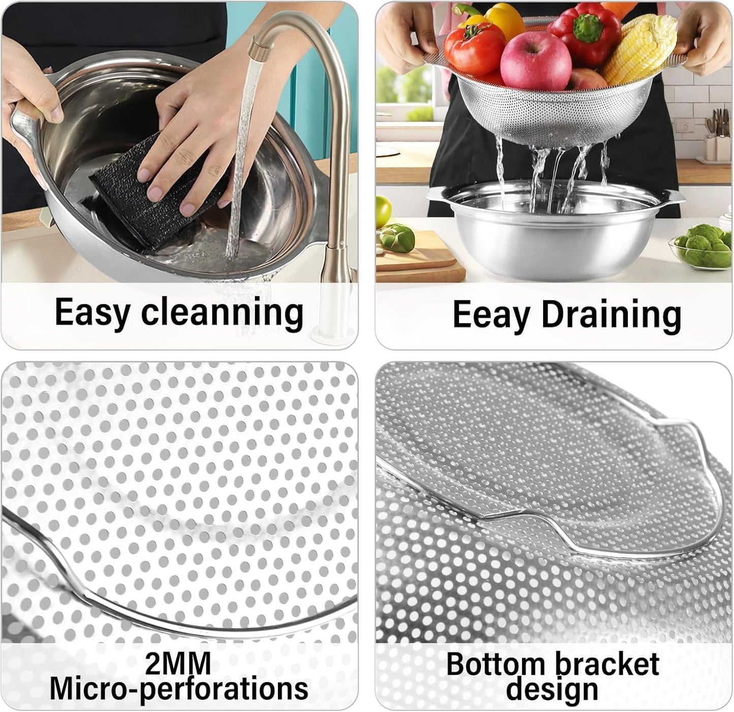 Extra Large 5.5QT Stainless Steel Colander, Large Capacity Rice Colander with Mixing Bowl, Rice Strainer for Vegetables, Fruit, Spaghetti, Pasta Strainer, Dishwasher Safe(2PC)