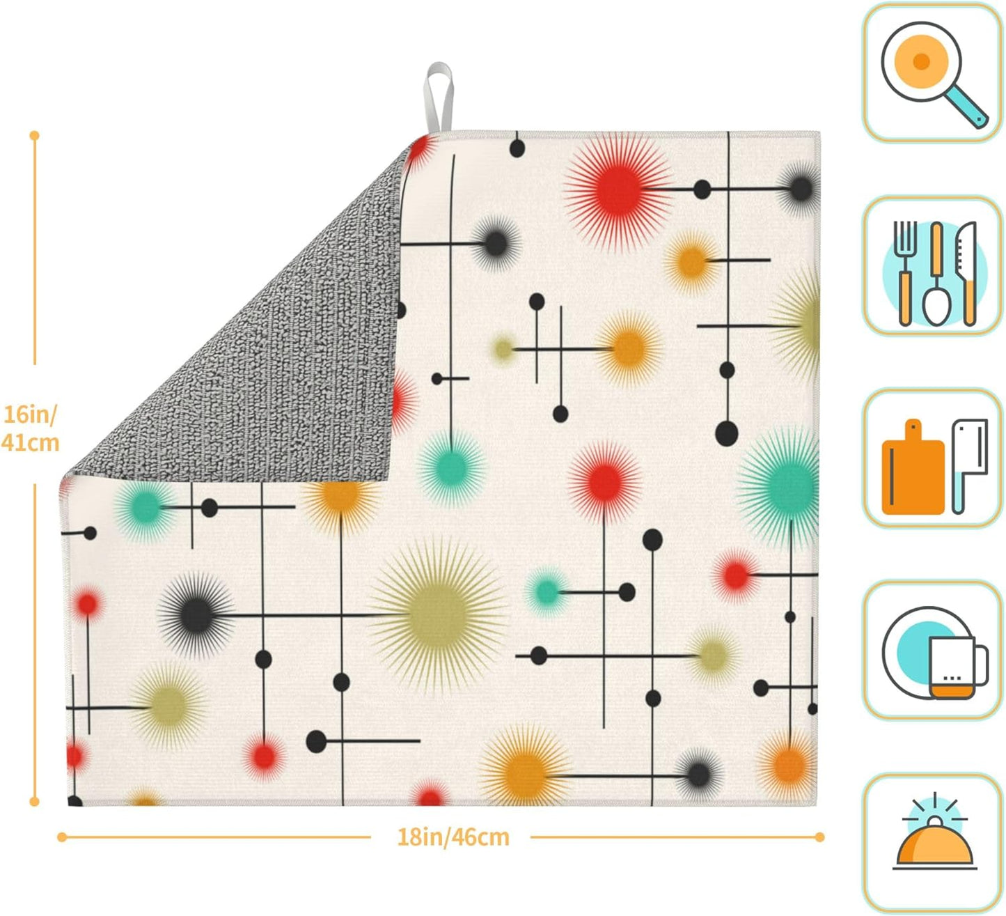 Mid Century Modern Dish Drying Mat for Kitchen Counter Yellow Washable Absorbent Reversible Microfiber Retro Drying Pad Kitchen Accessories 16x18 Inch