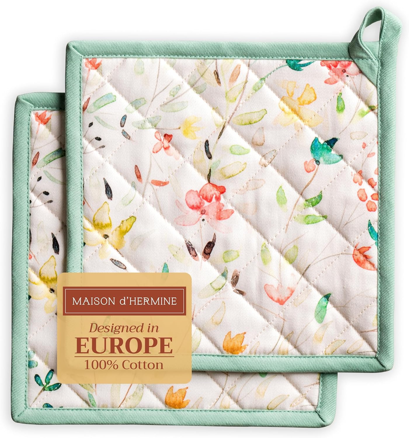 Maison d' Hermine Pot Holders Set 100% Cotton Heat Resistant Potholders 8" x 8" Hot Pads with Loop BBQ, Cooking, Baking, Grilling, Kitchen, Handling Hot Pans Spring/Summer (Pack of 2, Colmar)