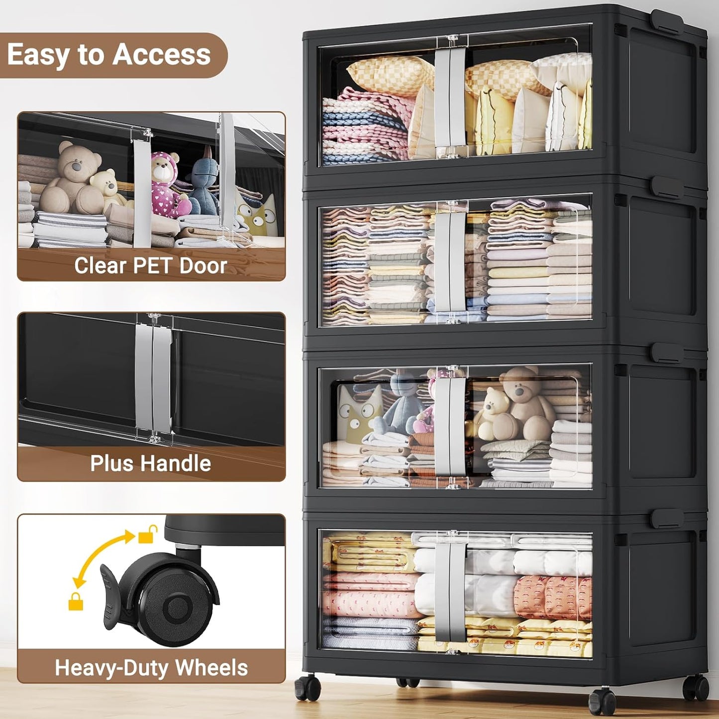 640QT Stackable Storage Bins with Lids, 160Gal Extra Large Collapsible Storage Box with Wheel, Plastic Storages with Clear Door Open Front for Home Bedroom Garage, Black-4pack