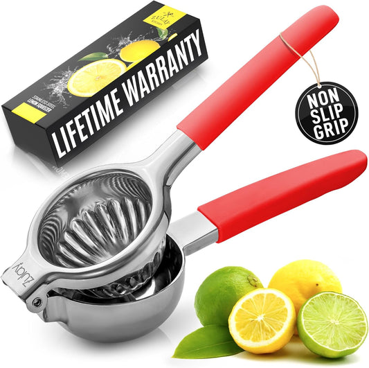 Zulay Lemon Squeezer Stainless Steel with Premium Heavy Duty Solid Metal Squeezer Bowl and Food Grade Silicone Handles - Large Manual Citrus Press Juicer and Lime Squeezer Stainless Steel (Red)