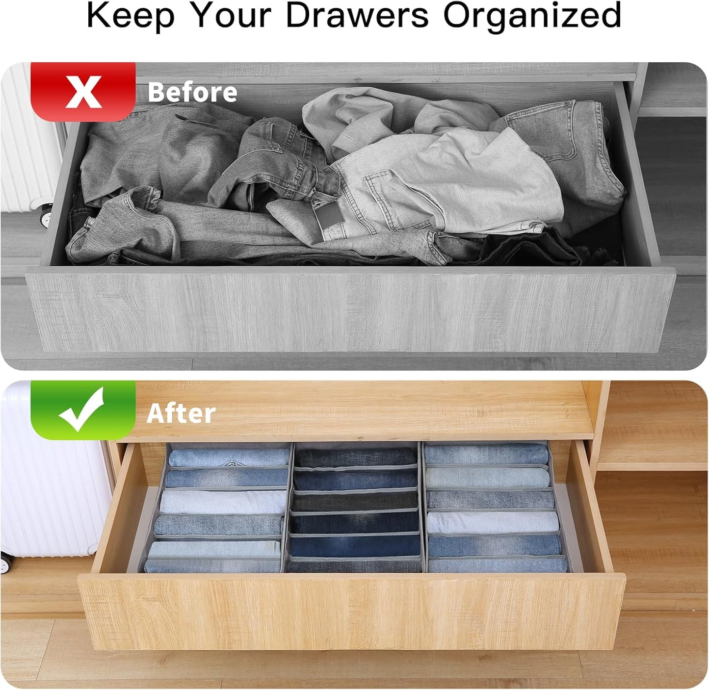 Qozary Jeans Pants Organizer for Closet, 4 Pack Drawer Organizers for Clothing, 6 Grids Wardrobe Clothes Organizer, Jean Organizer for Closet, Deep Drawer, Clothes Organizer for Shirts, Legging
