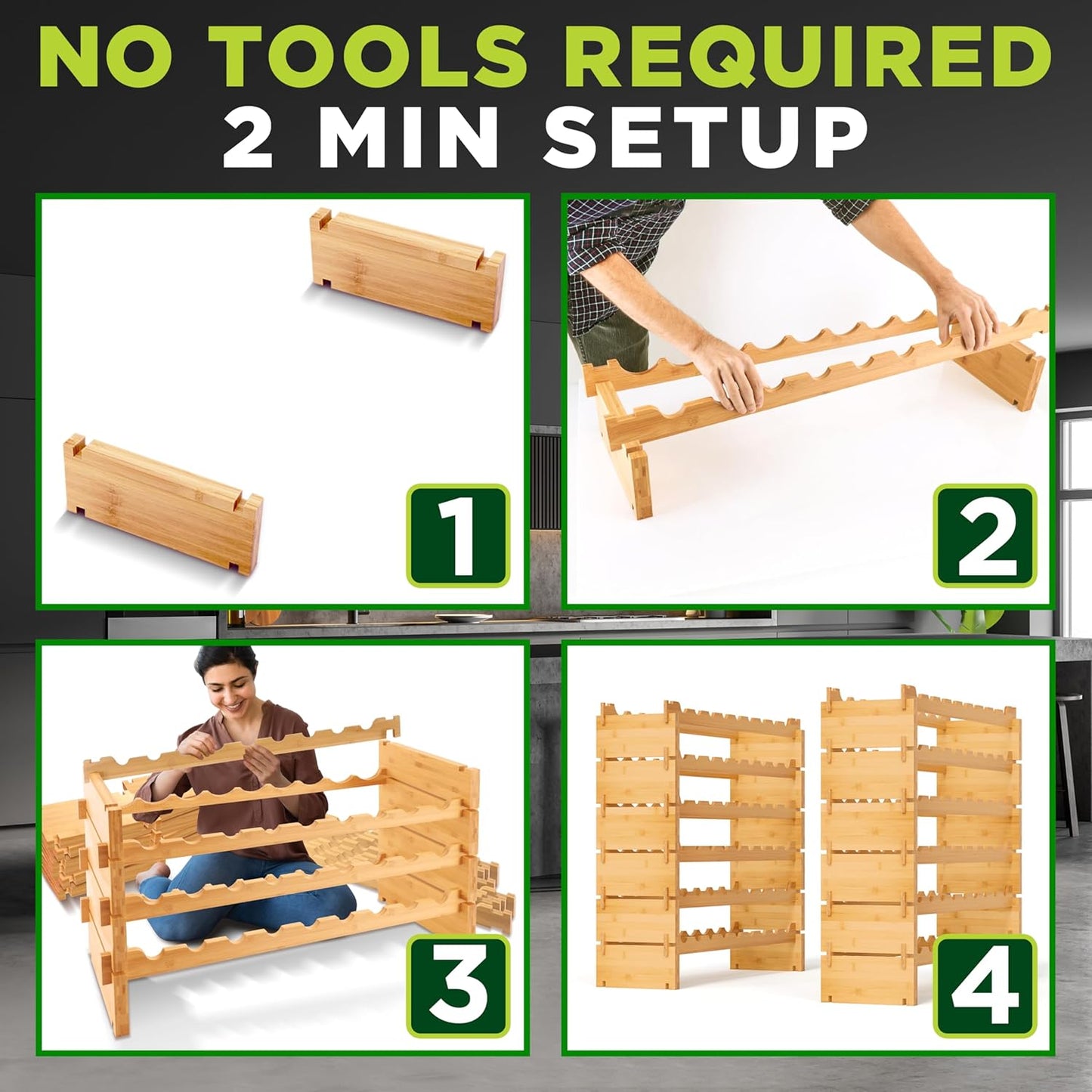 NutriChef Bamboo Stackable Wine Rack, 12-Tier 108 Bottle Capacity Free Standing Floor, No Tools Assembly, Modular Storage Display Shelf for Kitchen and Cellar 33.5" x 10" x 62.75"