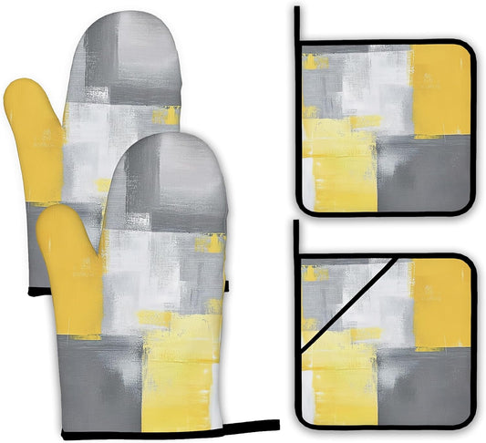Yellow Gray Modern Art Oven Mitts and Pot Holders,Heat Resistant Oven Mitts Gloves and Pot Holder for Home Kitchen Decorations Cooking Baking BBQ Gifts,Set of 4