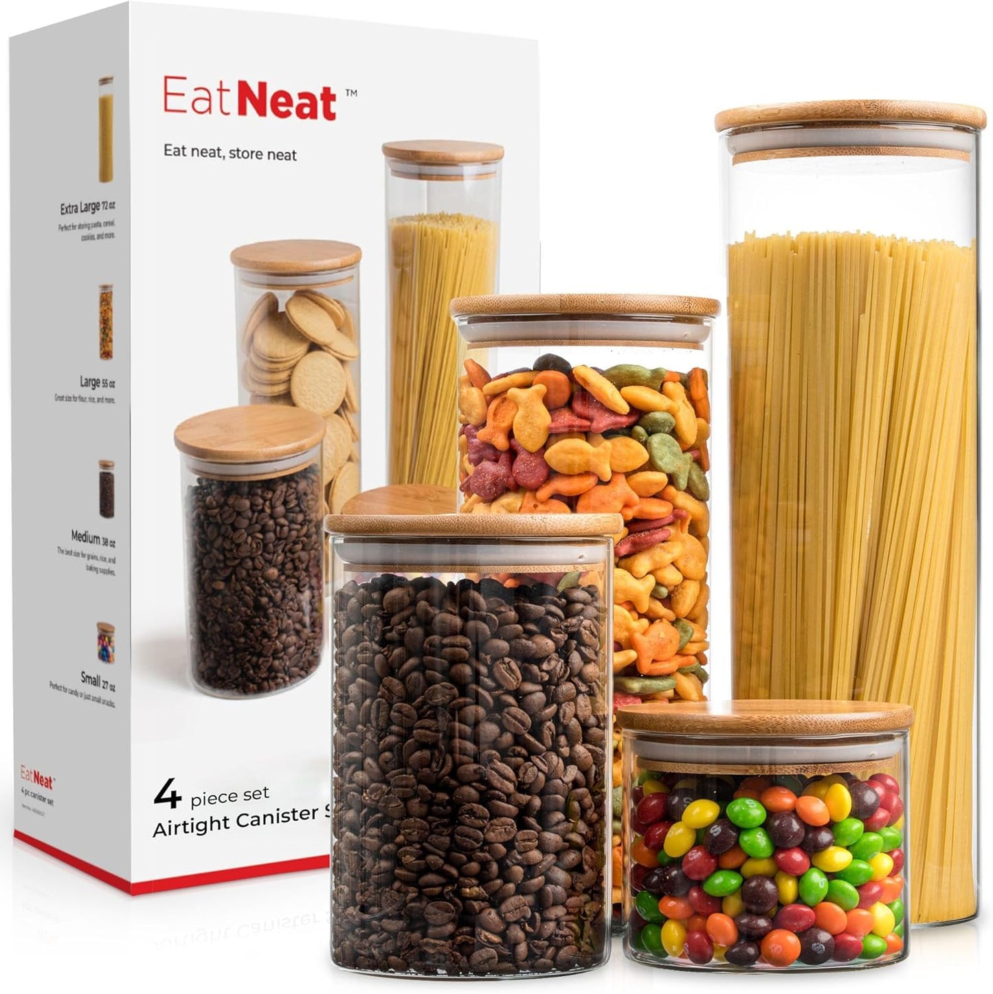 EatNeat 4‑Piece Glass Canister Set with Airtight Bamboo Lids – Giftable Kitchen Storage – Tall Jar Fits Spaghetti – 74/56/36/20 oz for Pantry, Dry Goods, Coffee, Snacks & More